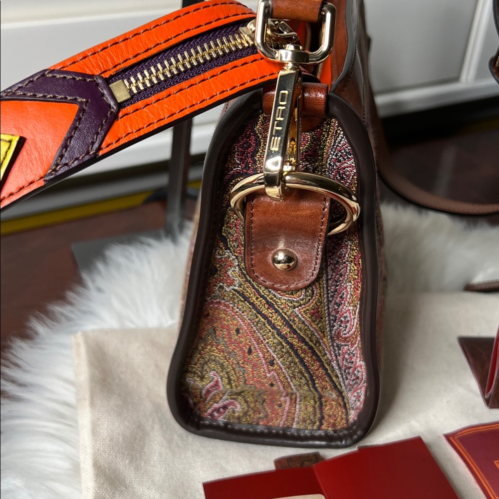 ETRO Brown Paisley Crossbody Bag with Orange Trim, Purple Tassel Like New - Picture 10 of 17